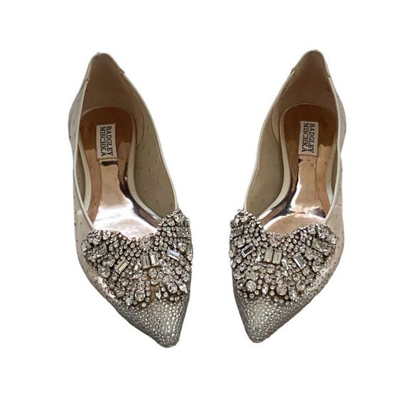 Badgley Mischka Quinn Rhinestone Embellished Evening Flat Ivory Satin Size 8 - Picture 6 of 7